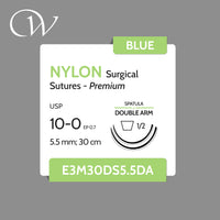 10 0 NYLON Sutures, Premium, Double Arm 1/2 Spatula | Blue | 5.5mm; 30cm