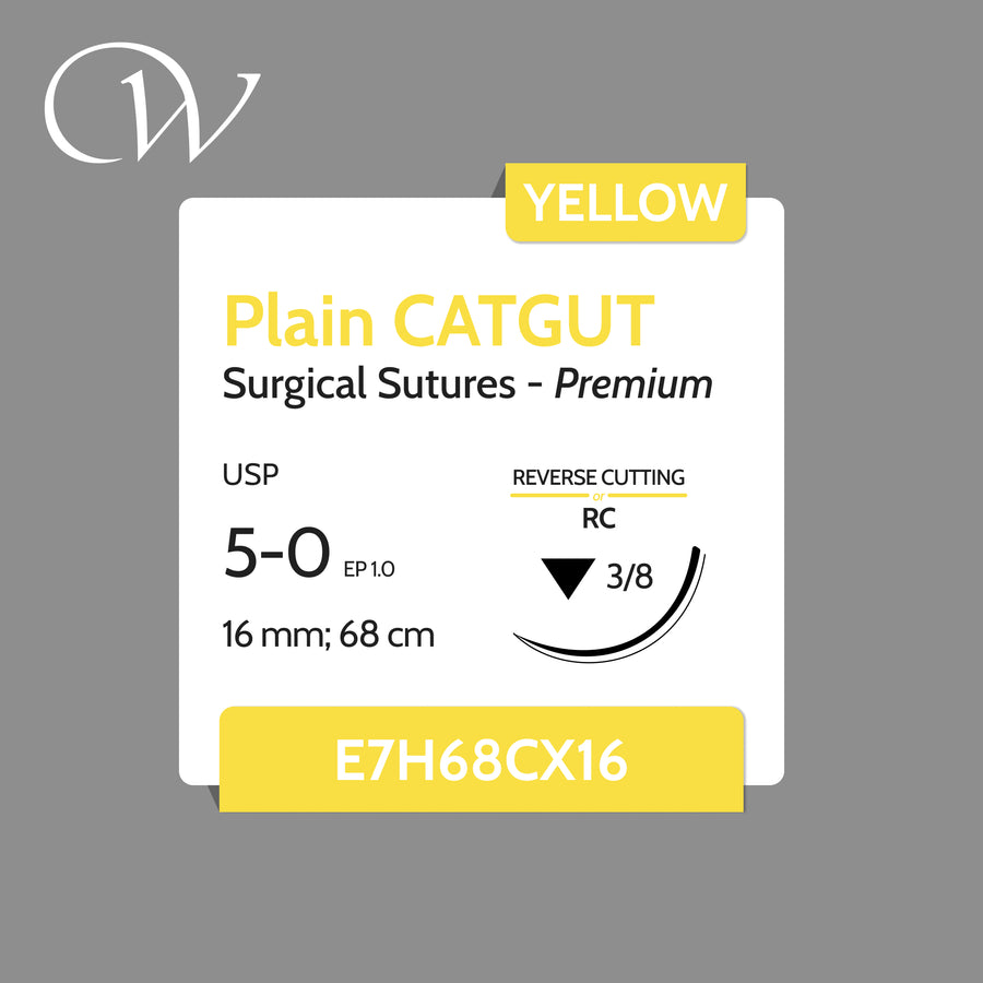 Premium Plain CATGUT Sutures, 5-0 | 3/8 RC | Yellow | 16mm; 68cm