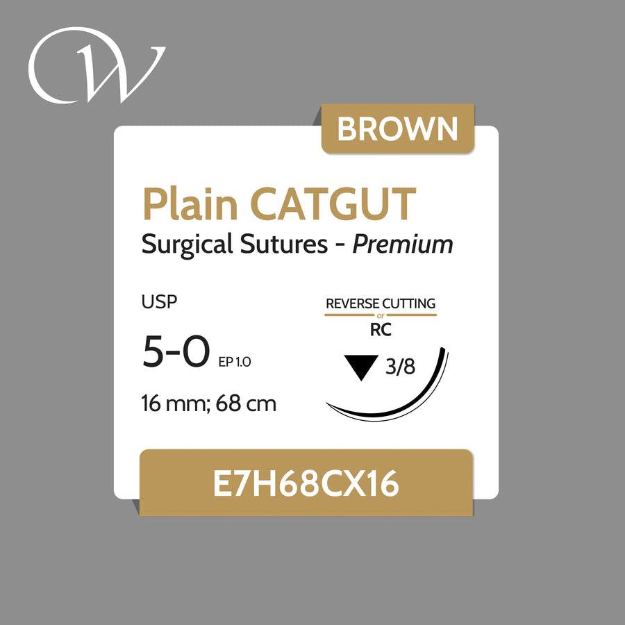 Premium Plain CATGUT Sutures, 5-0 | 3/8 RC | Brown | 16mm; 68cm