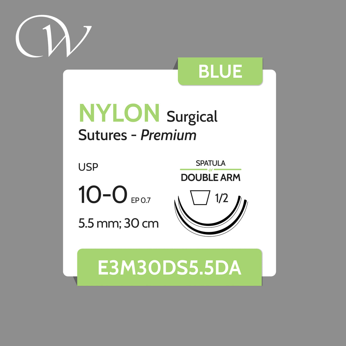10 0 NYLON Sutures, Premium,  Double Arm 1/2 Spatula | Blue | 5.5mm; 30cm