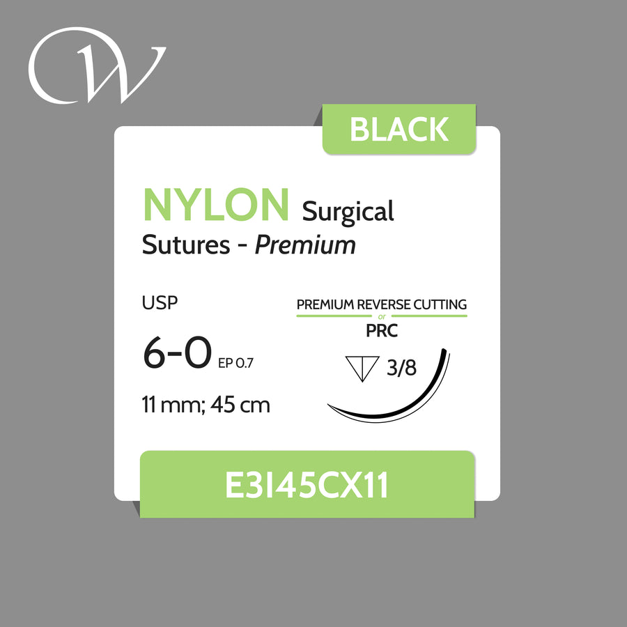 6 0 NYLON Sutures, Premium, 3/8 PRC | Black | 11mm; 45cm