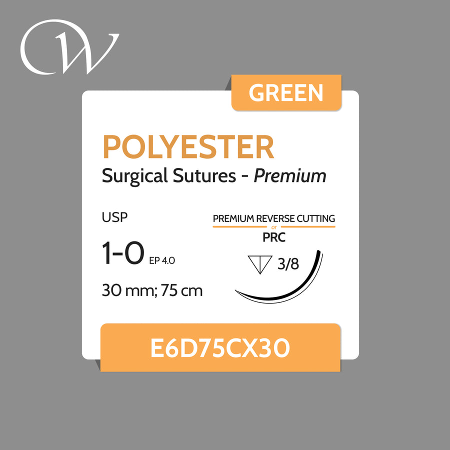 Premium POLYESTER Sutures 1-0, 3/8 PRC | Green | 30mm; 75cm