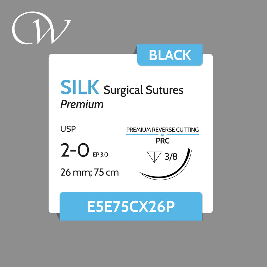 2 0 SILK Sutures, Premium | 3/8 PRC | Black | 26mm; 75cm